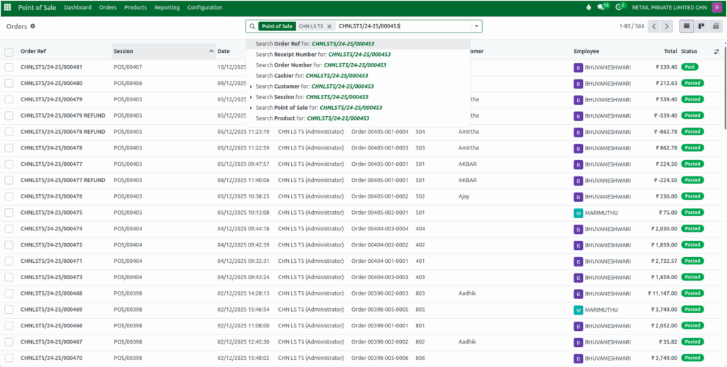 Odoo POS Orders Search