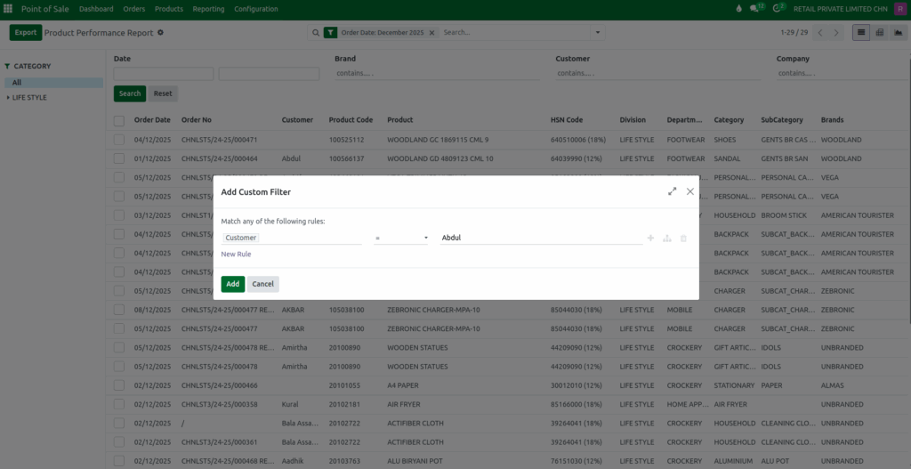 Odoo POS Product Performance Report Custom Filter