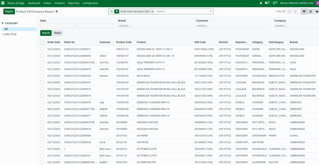 Odoo POS Product Performance Report Filter