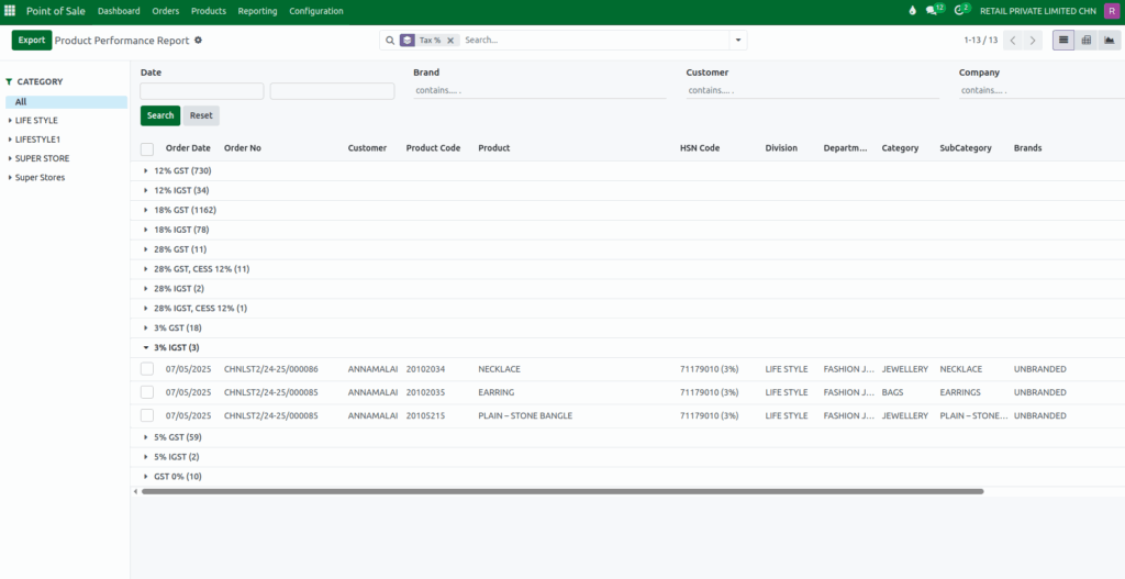 Odoo POS Product Performance Report Group By