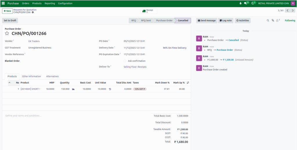 Odoo Purchase Order Cancelled Status