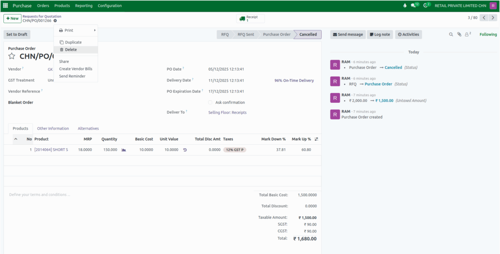 Odoo Purchase Order Delete Option