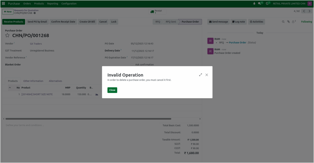 Odoo Purchase Order Delete Validation
