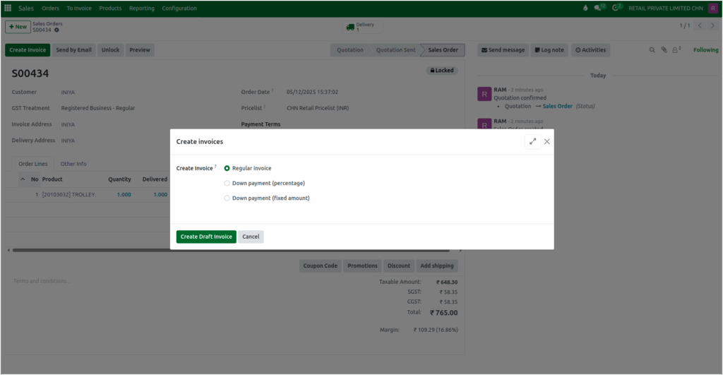 Odoo Sales Create Invoice Popup