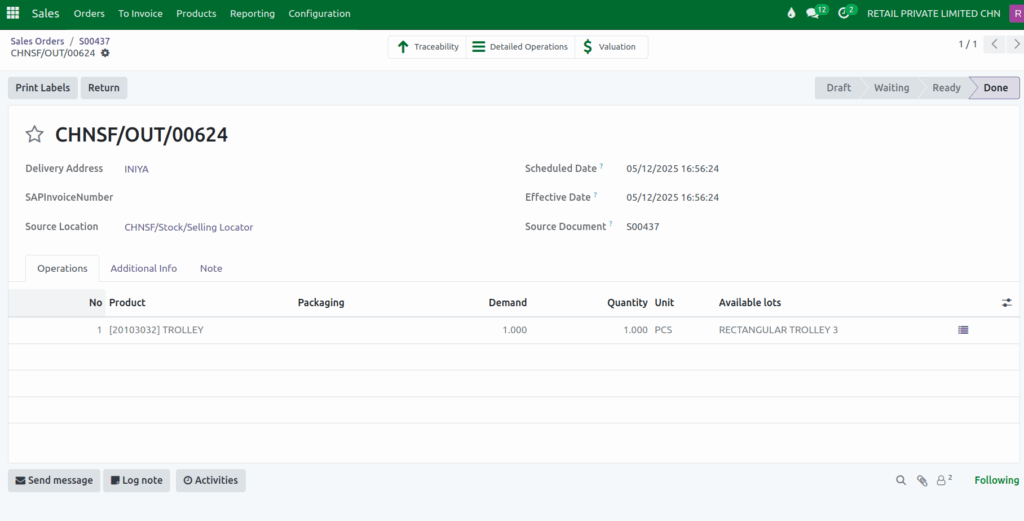 Odoo Sales Delivery Order Validated