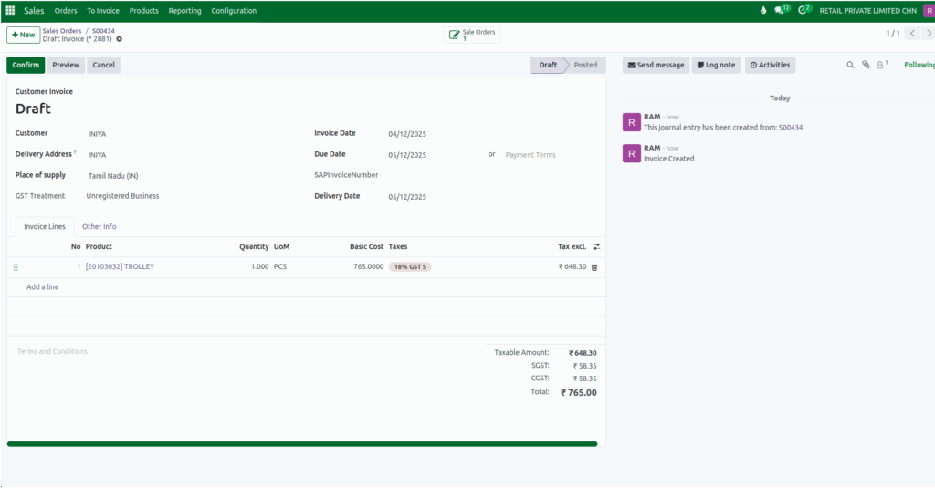 Odoo Sales Draft Invoice