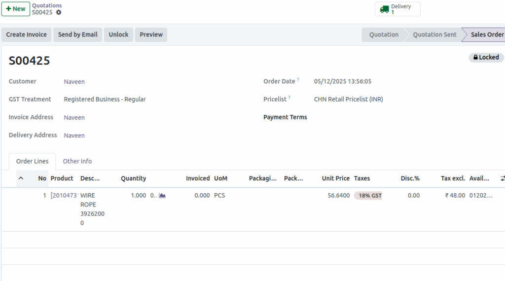 Odoo Sales Lot Sales Order