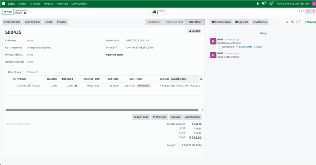 Odoo Sales Order Validated