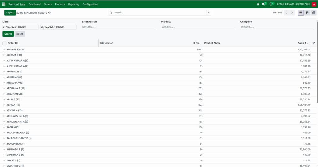 Odoo Sales R number Quickfilter