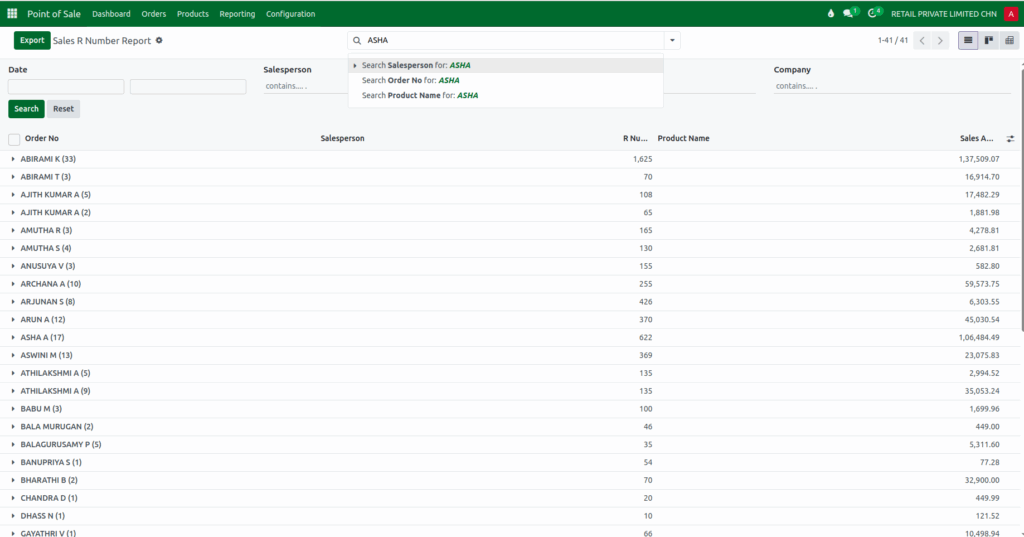 Odoo Sales R number Search