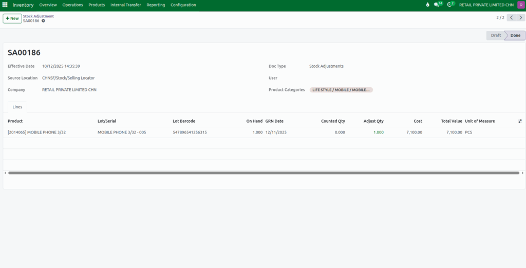 Odoo Stock Adjustment Completed Document