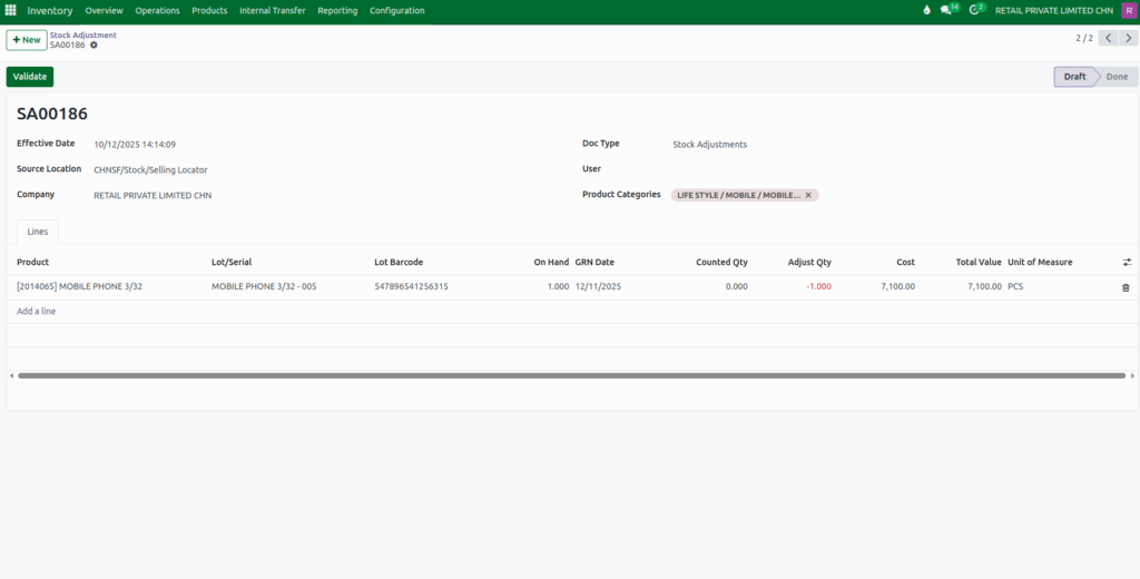 Odoo Stock Adjustment Draft Document