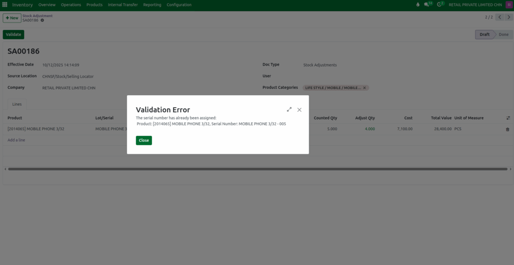 Odoo Stock Adjustment Serial Number Validation