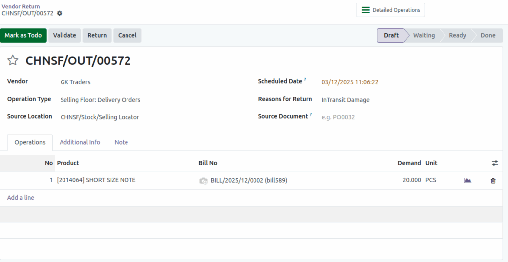 Odoo-Vendor return-draft