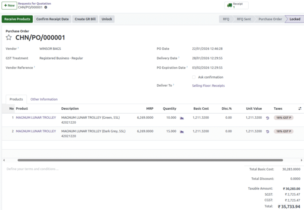 Odoo Bags Retail ERP - Purchase Order