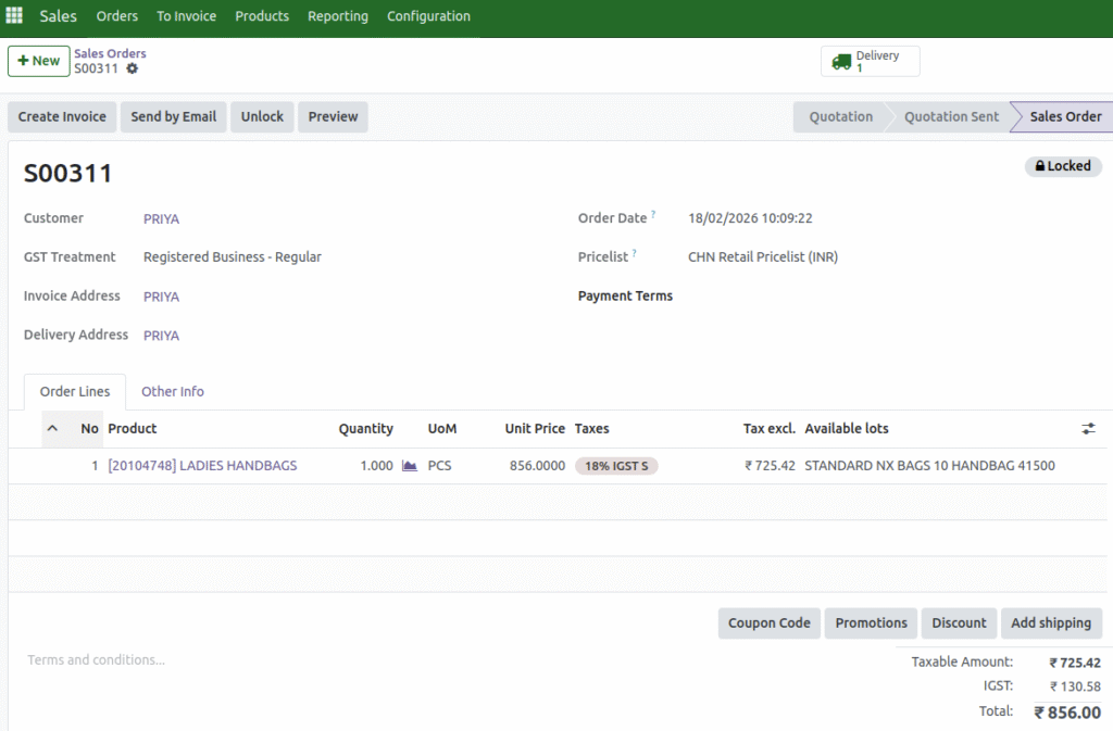 Odoo Bags Retail ERP - Sales Order