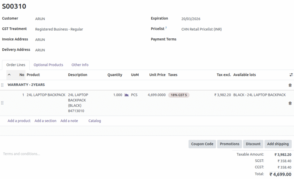 Odoo Bags Retail ERP - eCommerce Sales Order