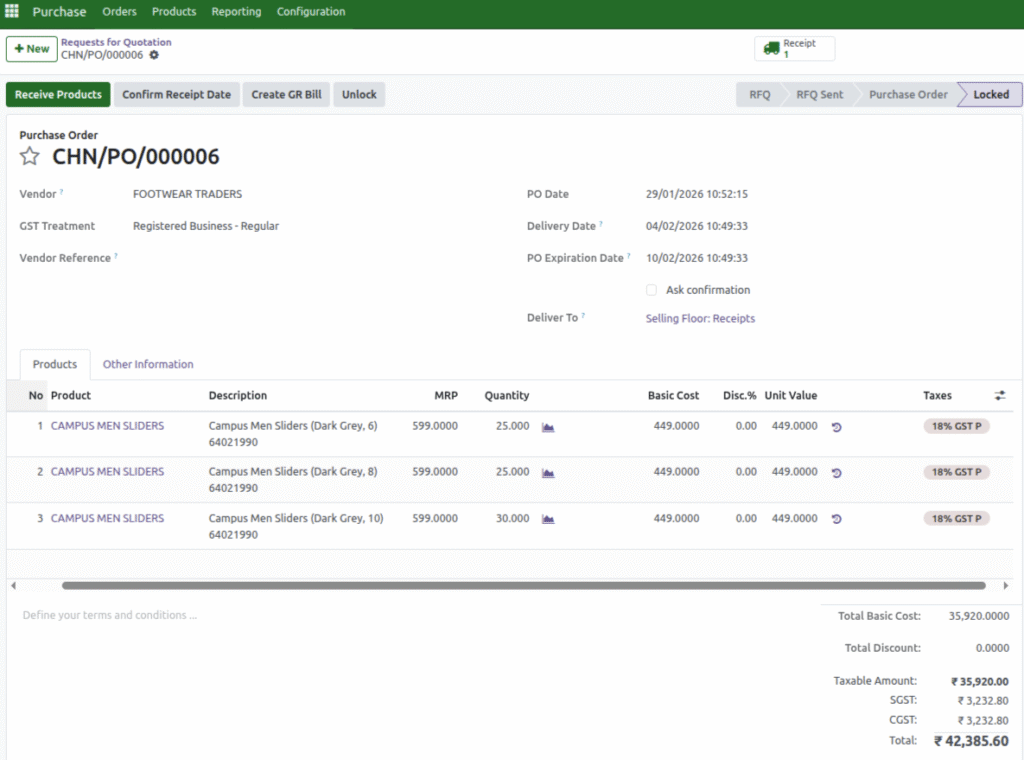 Odoo Footwear Retail ERP - Purchase